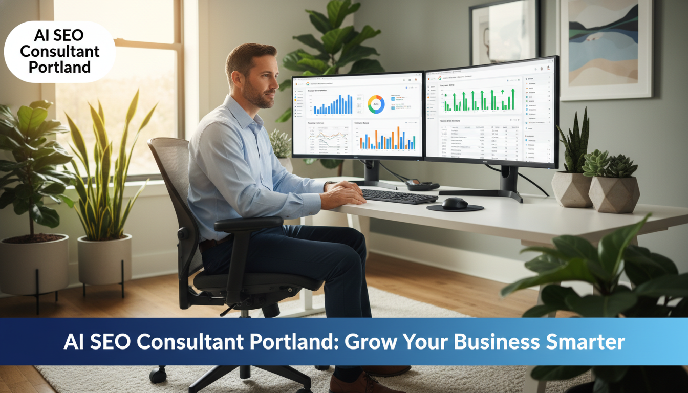Professional consultant working at desk with analytics dashboards, AI SEO consulting in Portland