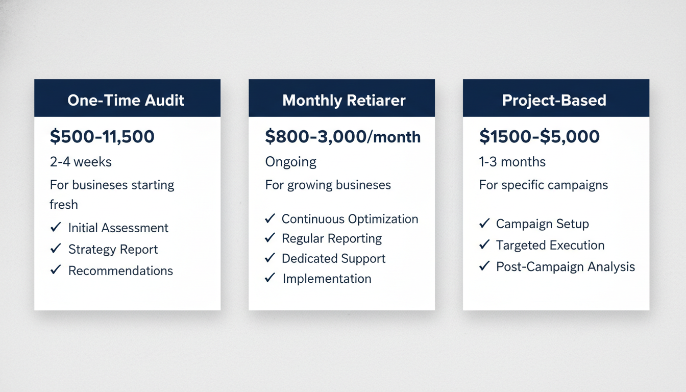 Pricing comparison showing One-Time Audit, Monthly Retainer, and Project-Based service tiers