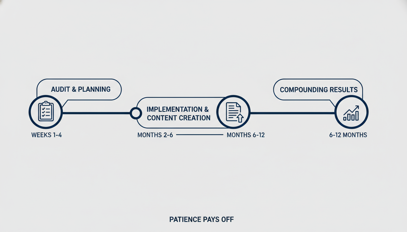 SEO timeline progression from weeks 1-4 audit through 6-12 months compounding results