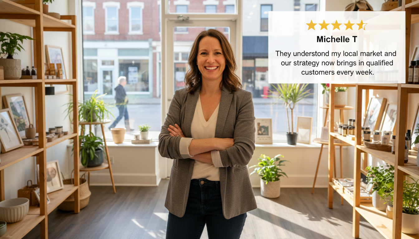 Business owner Michelle T. testimonial with 5-star review about AI SEO results, Portland