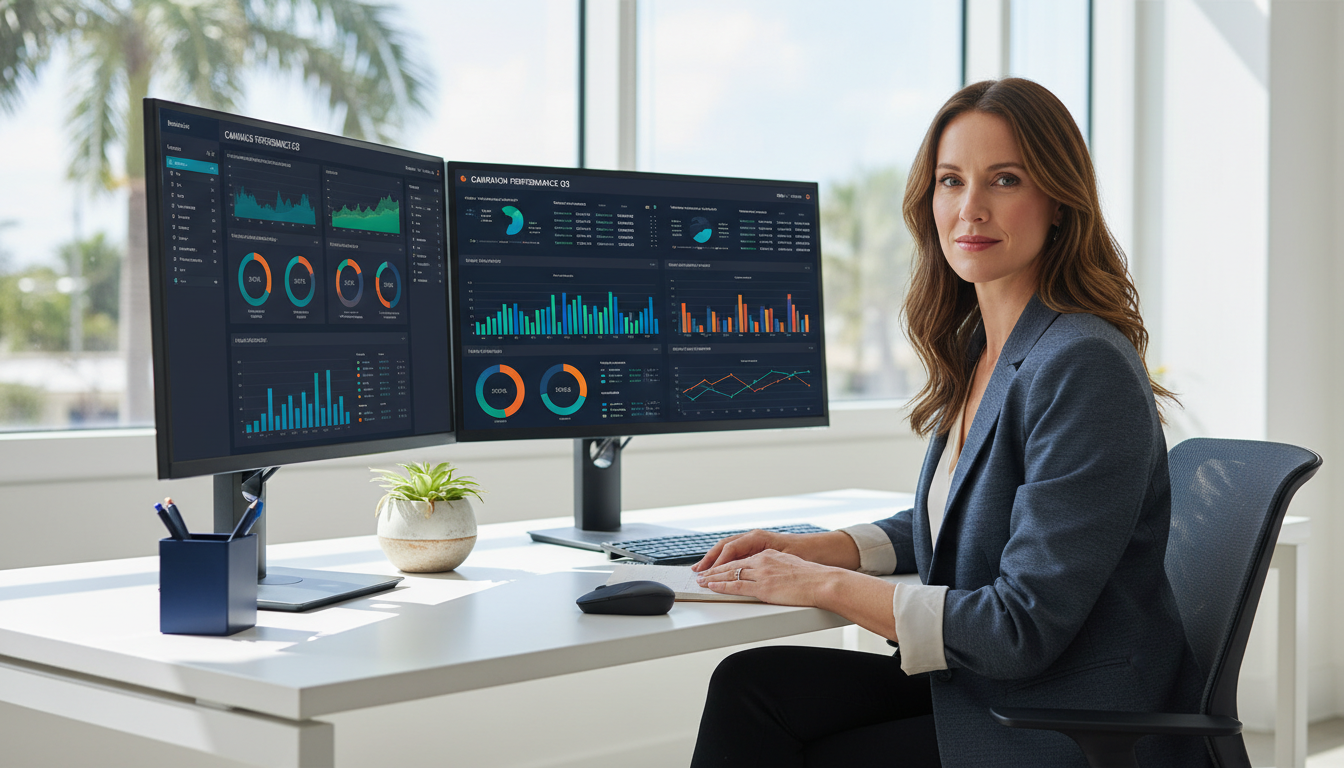 Female marketing strategist at modern office desk with AI analytics displays, Pensacola marketing agency