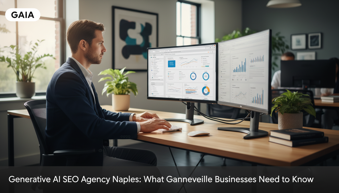Digital strategist analyzing AI search metrics on multiple monitors in modern Naples office for generative AI SEO agency Naples
