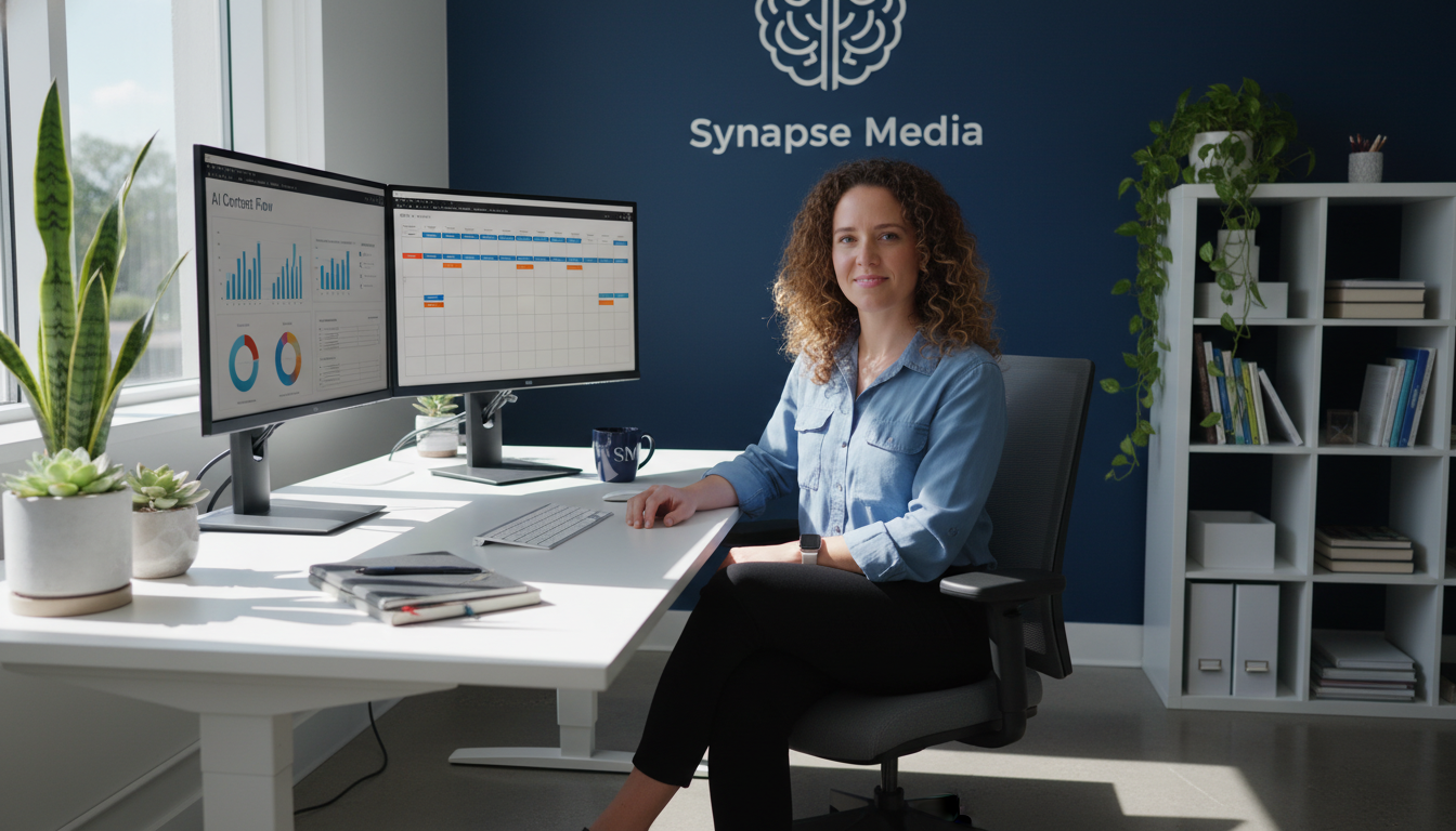 Content strategist working at modern desk with dual monitors showing analytics dashboards in Cape Coral office