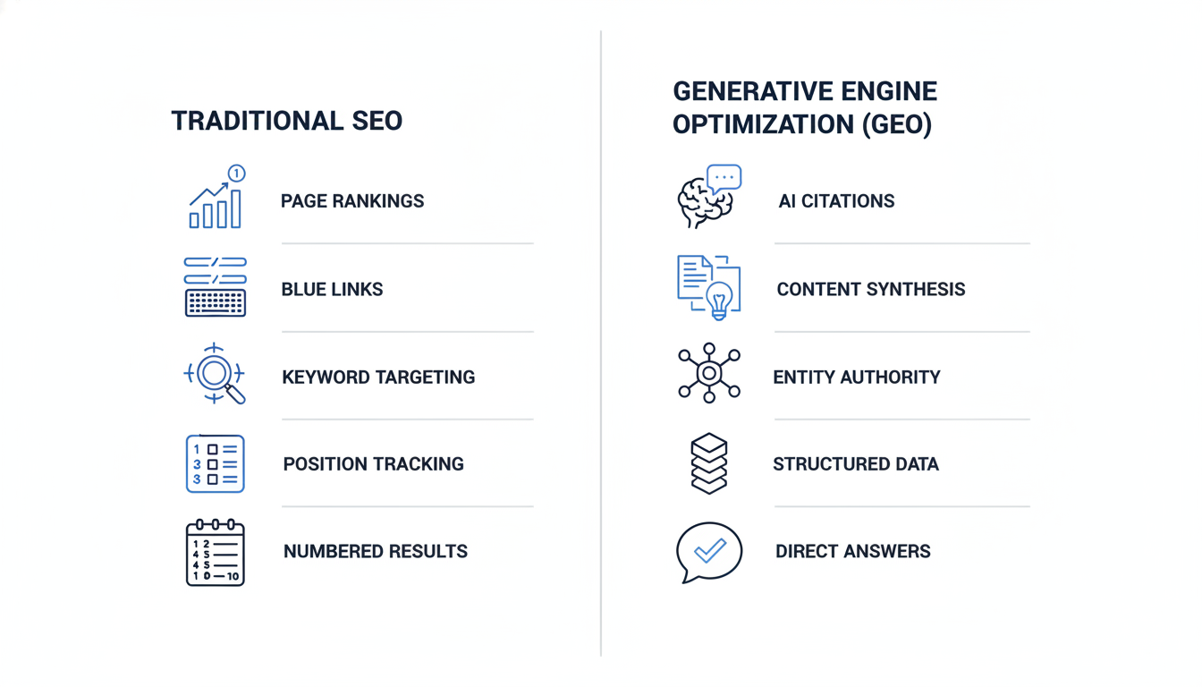 Comparison infographic: GEO vs Traditional SEO optimization strategies and approaches for Sacramento businesses