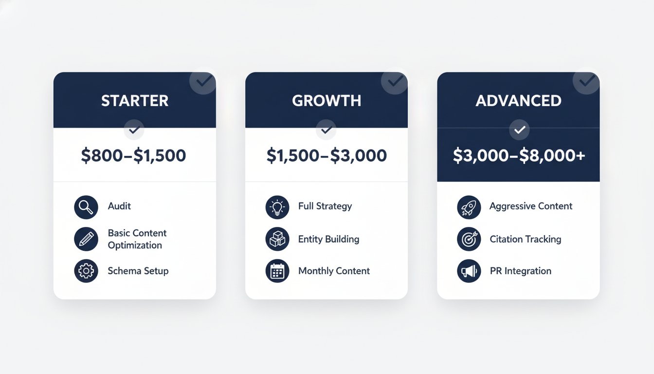 GEO pricing tier breakdown showing Starter, Growth, and Advanced service levels for Sacramento local businesses