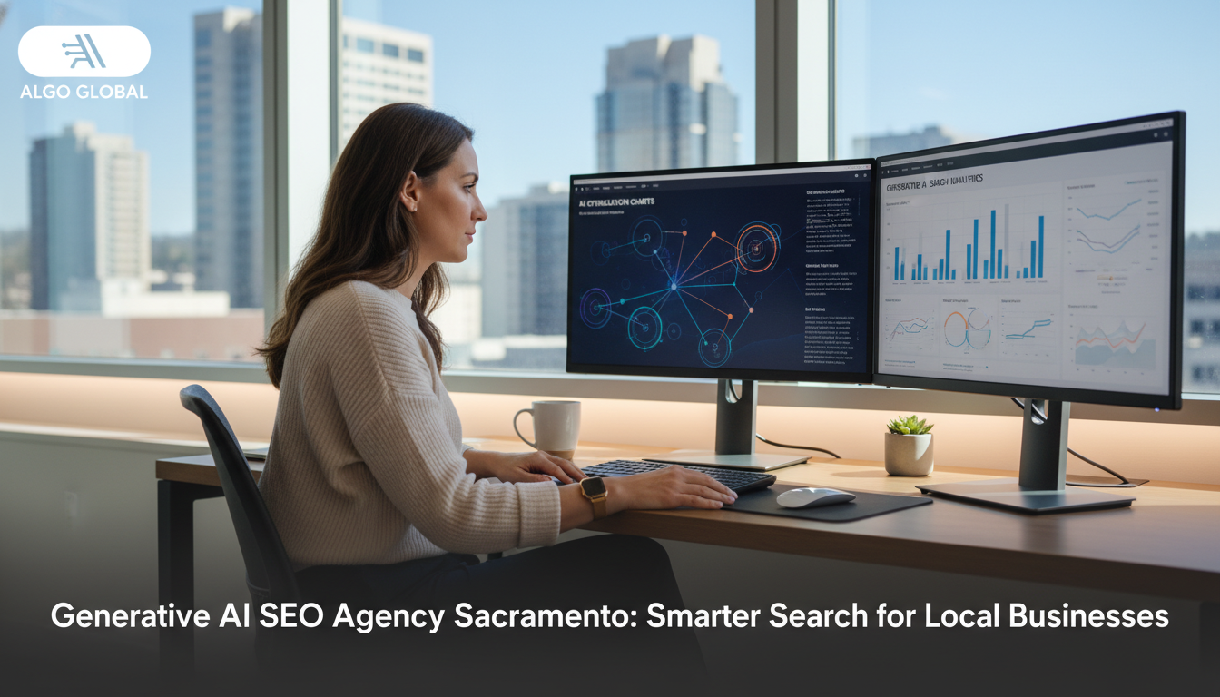 Digital marketer reviewing AI analytics at modern Sacramento office desk with dual monitors displaying optimization charts