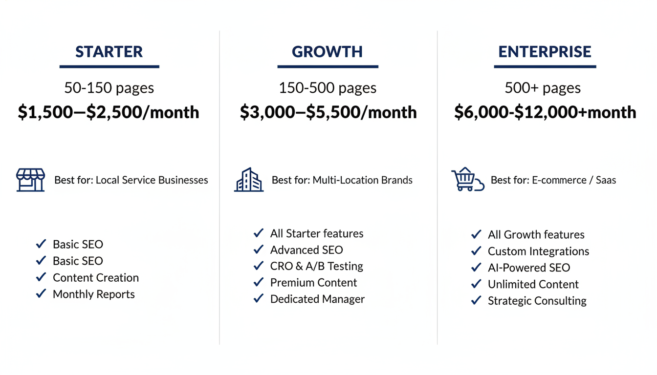 Pricing comparison chart for Starter, Growth, and Enterprise programmatic SEO service tiers