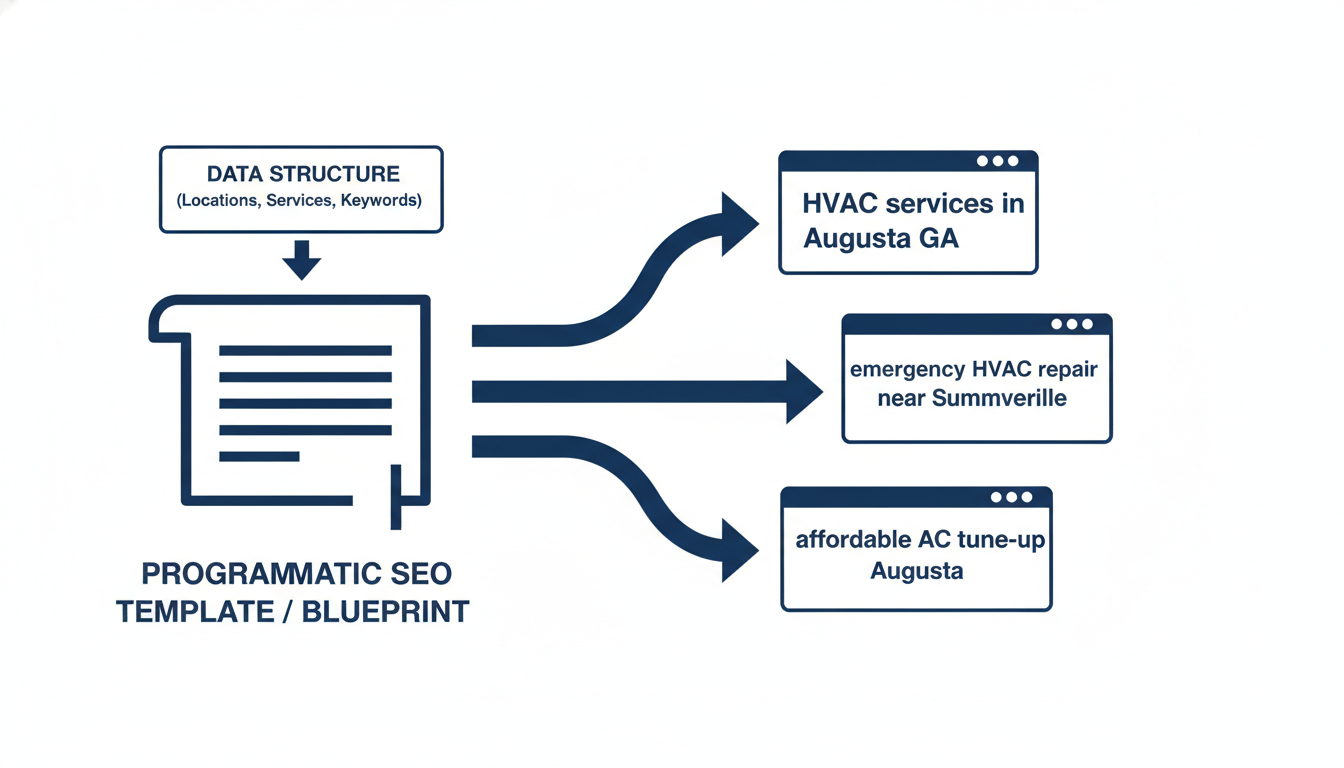 Programmatic SEO template branching diagram showing multiple optimized pages from single data structure