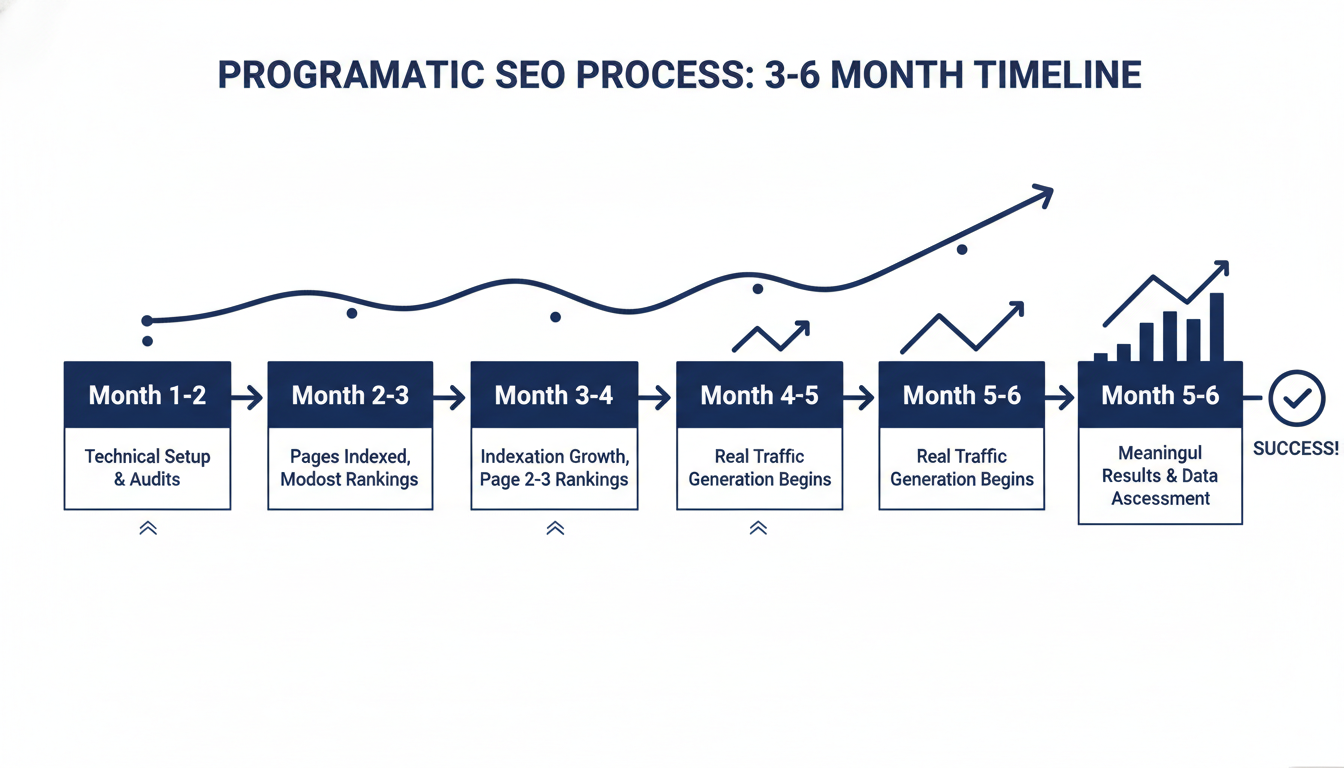 6-month programmatic SEO timeline showing key milestones from setup through meaningful traffic growth
