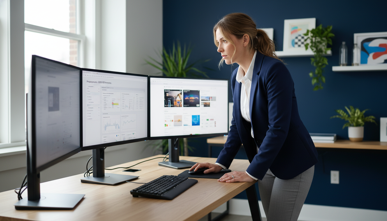 Digital marketing strategist analyzing programmatic SEO analytics on multiple monitors in modern Syracuse office