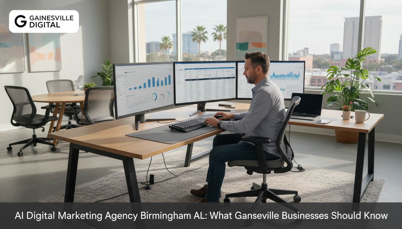 Digital marketer reviewing AI analytics dashboards on dual monitors in modern Birmingham office space, digital marketing services
