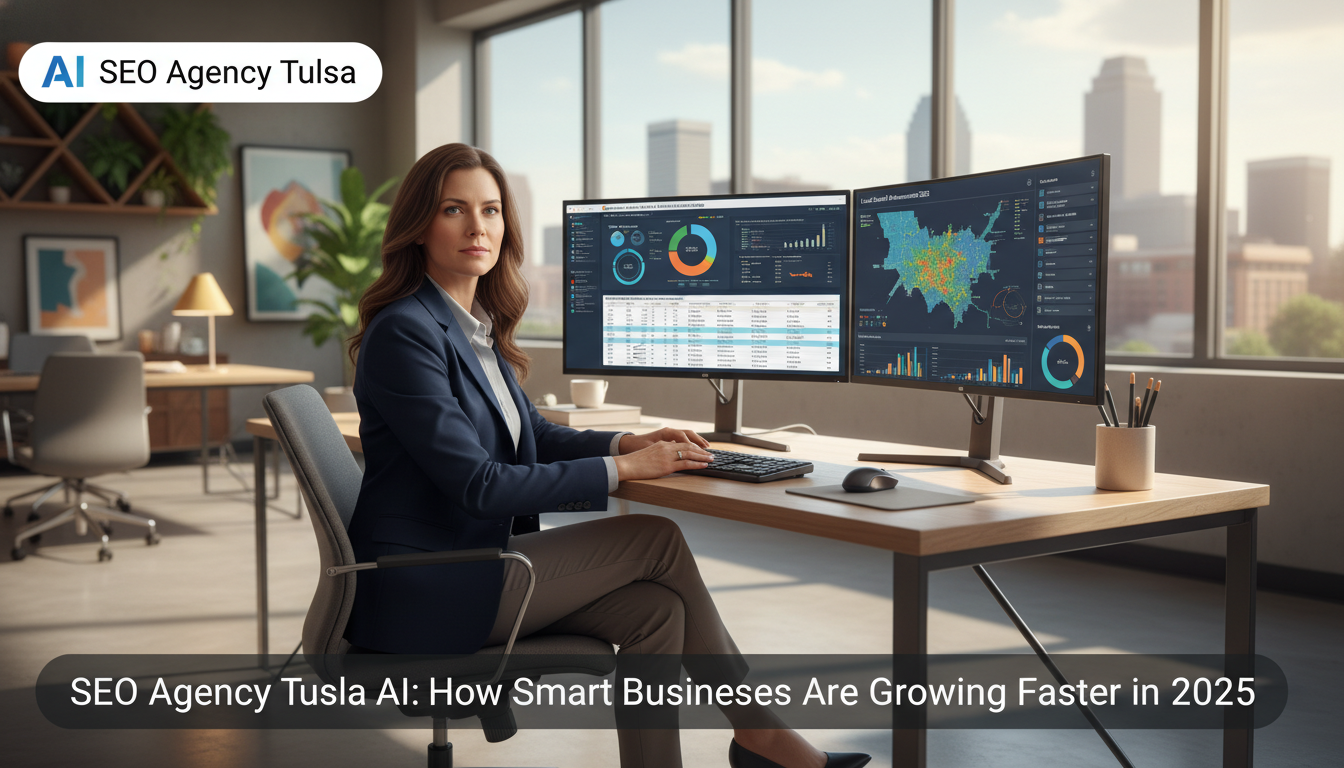 SEO strategist analyzing search data in modern Tulsa office with city skyline view, SEO Agency Tulsa