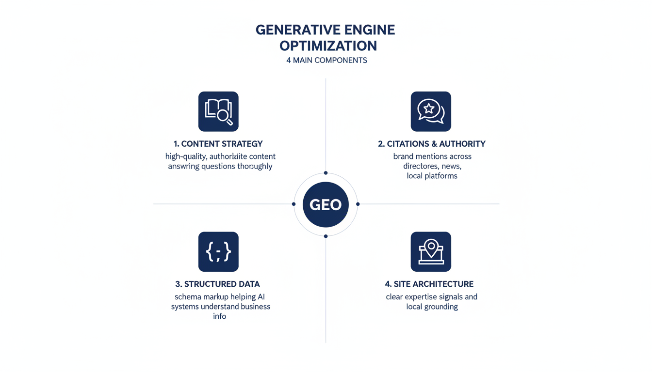 Four-component GEO framework: Content Strategy, Citations, Structured Data, Site Architecture for Toledo SEO
