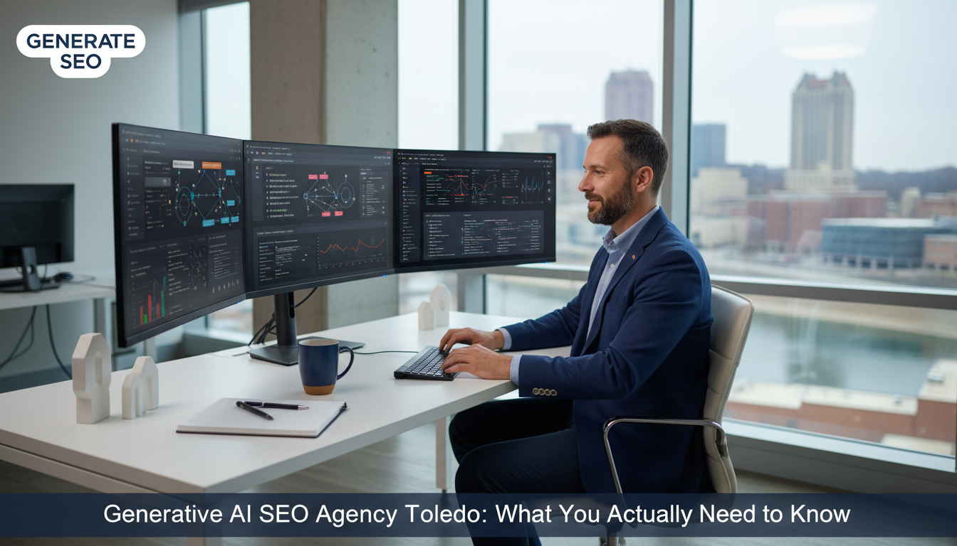 Professional strategist at modern GEO agency office in Toledo, Ohio, working with AI search optimization tools