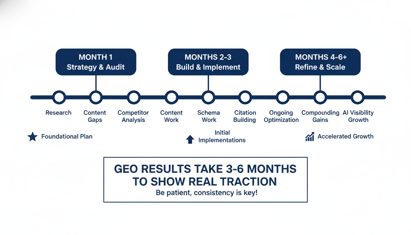 GEO timeline showing 6-month process from strategy to results in Toledo generative engine optimization