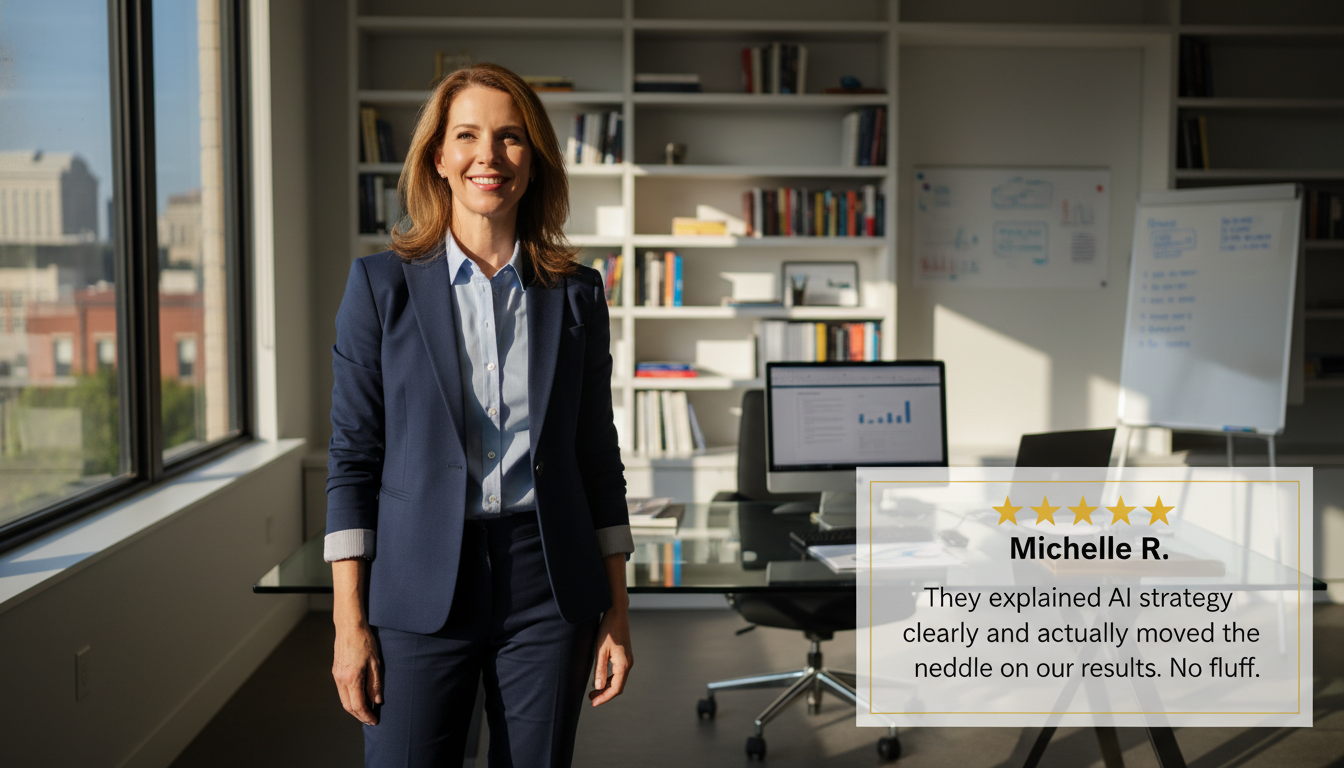 Business owner testimonial with 5-star review: Clear AI strategy and measurable results achieved