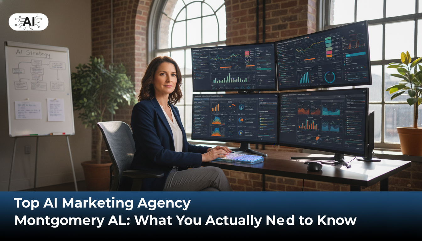 Professional marketing strategist at computer workstation with analytics dashboards, Montgomery AL office