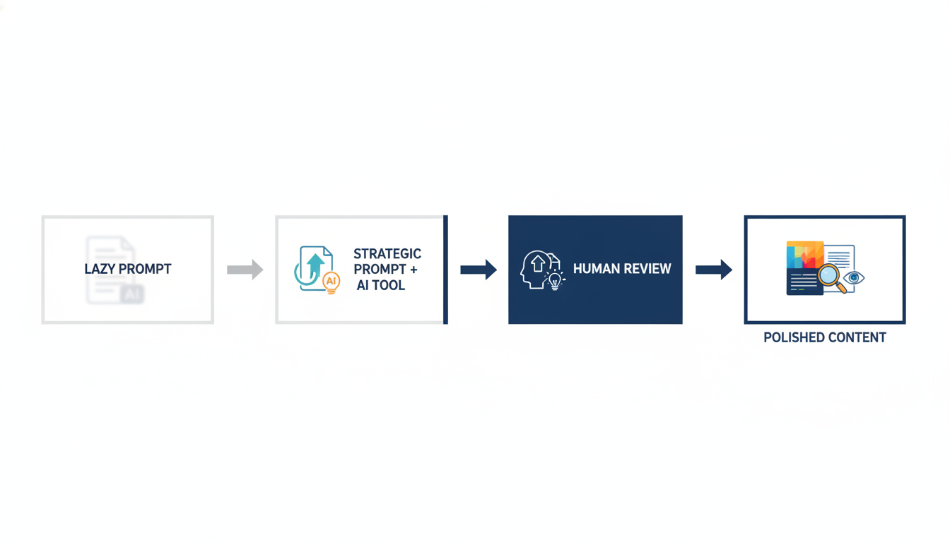 Three-stage workflow: lazy prompts, strategic prompts, and human review for quality AI marketing