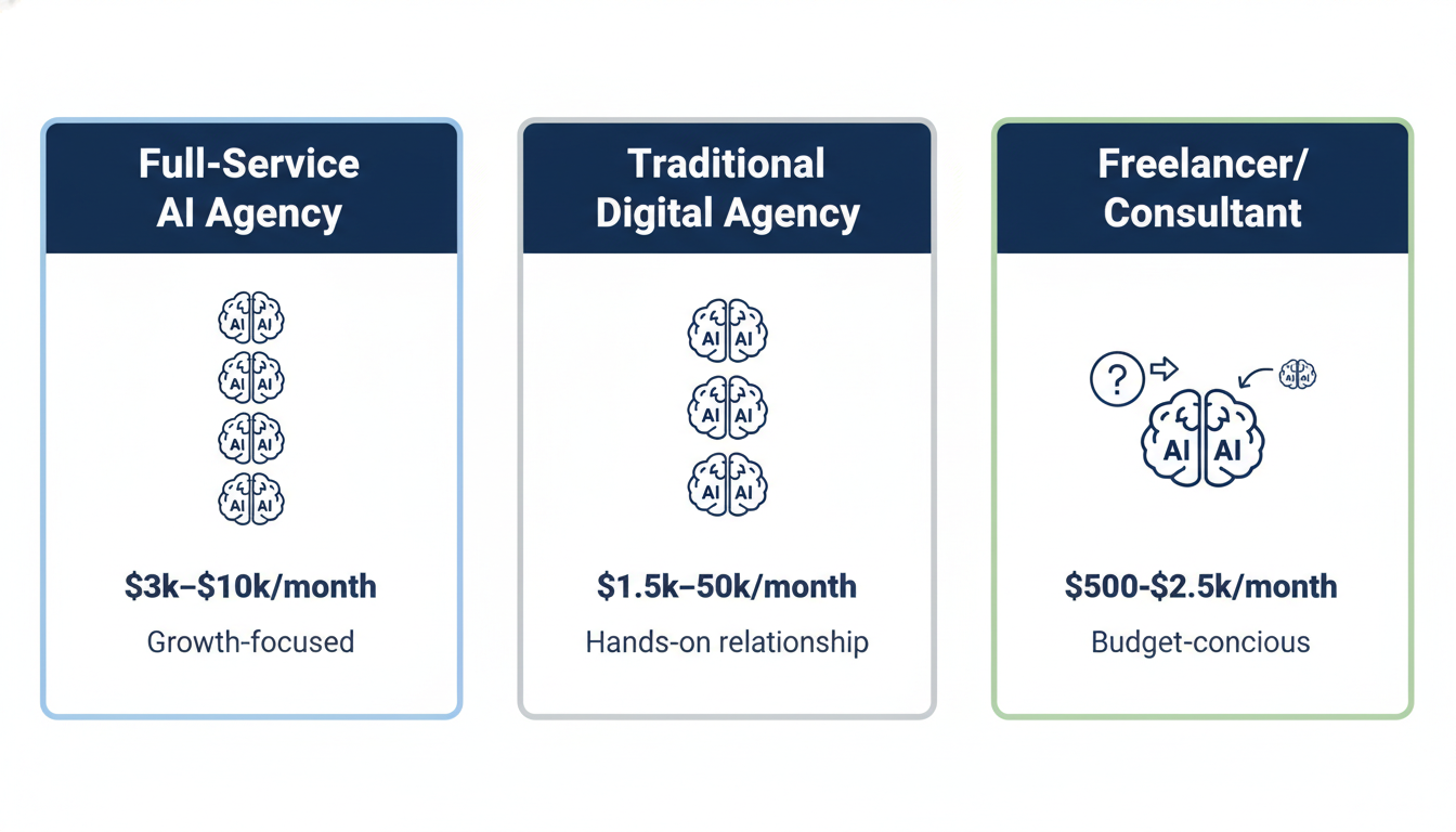 Agency type comparison: full-service AI, traditional digital, and freelancer pricing and integration
