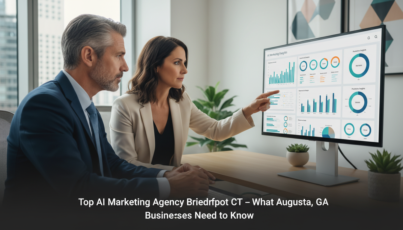 Marketing consultant and client reviewing AI analytics dashboard in modern office, AI marketing agency Bridgeport GA