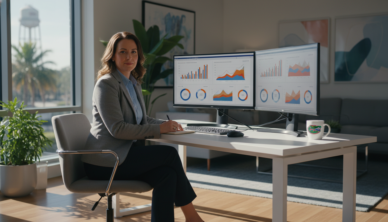 Professional marketer analyzing analytics dashboards in modern Kingsport office with natural window light