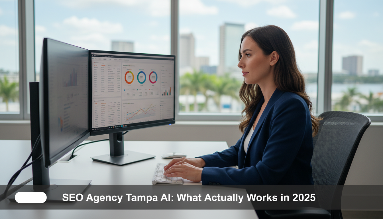 Female marketing strategist focused on dual monitors displaying SEO analytics at modern Tampa agency office, natural daylight.
