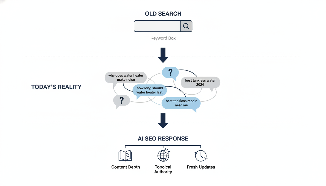 Modern search intent evolution showing question-based queries and AI SEO response layers