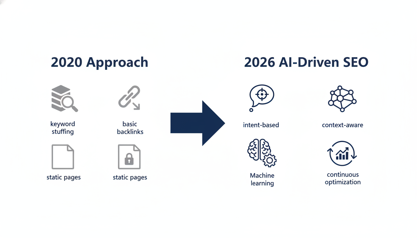 SEO evolution timeline: old keyword-stuffing approach vs. modern AI-driven SEO strategy
