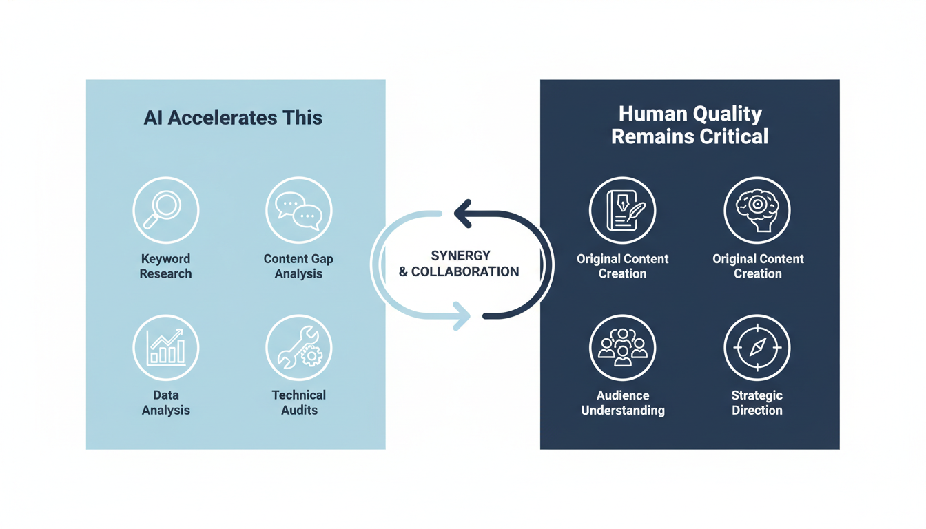 Process flow showing what AI automates versus human quality requirements in SEO services