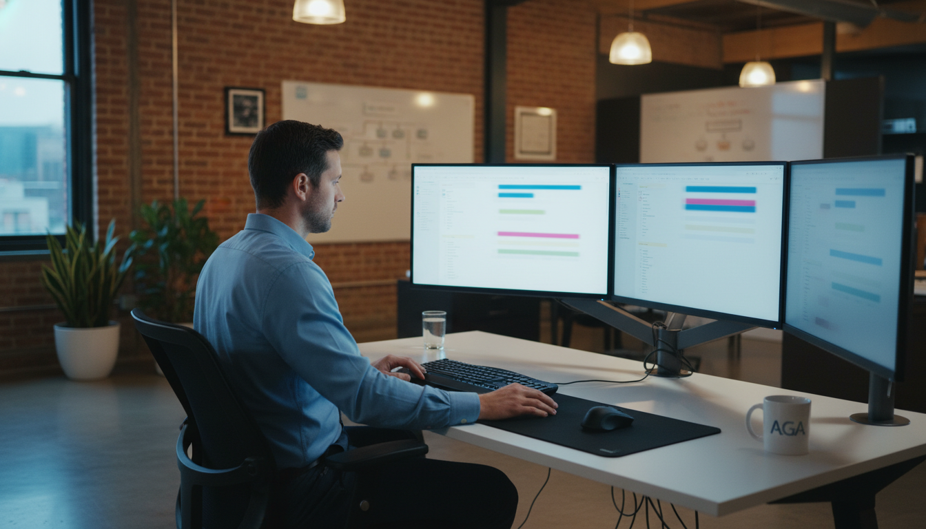 Digital marketer working on SEO strategy at desk with monitors, Programmatic SEO, Green Bay