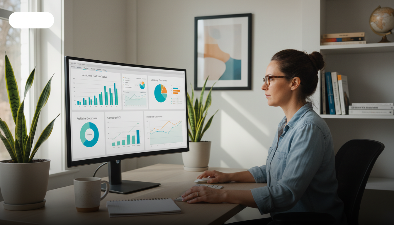 Digital marketer reviewing AI marketing analytics on desktop in modern office, Detroit MI digital marketing