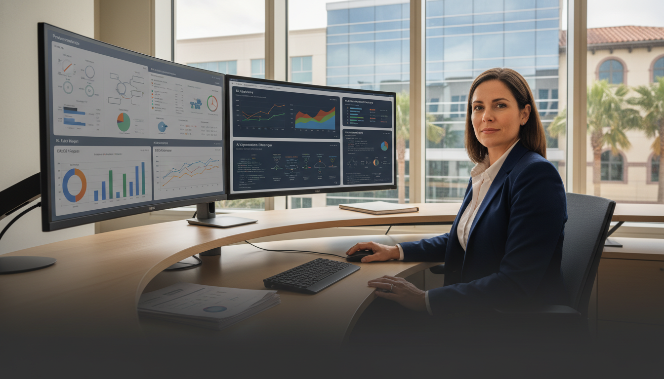 Digital marketing strategist reviewing SEO analytics dashboards at modern Shreveport office workspace with dual monitors and natural lighting.