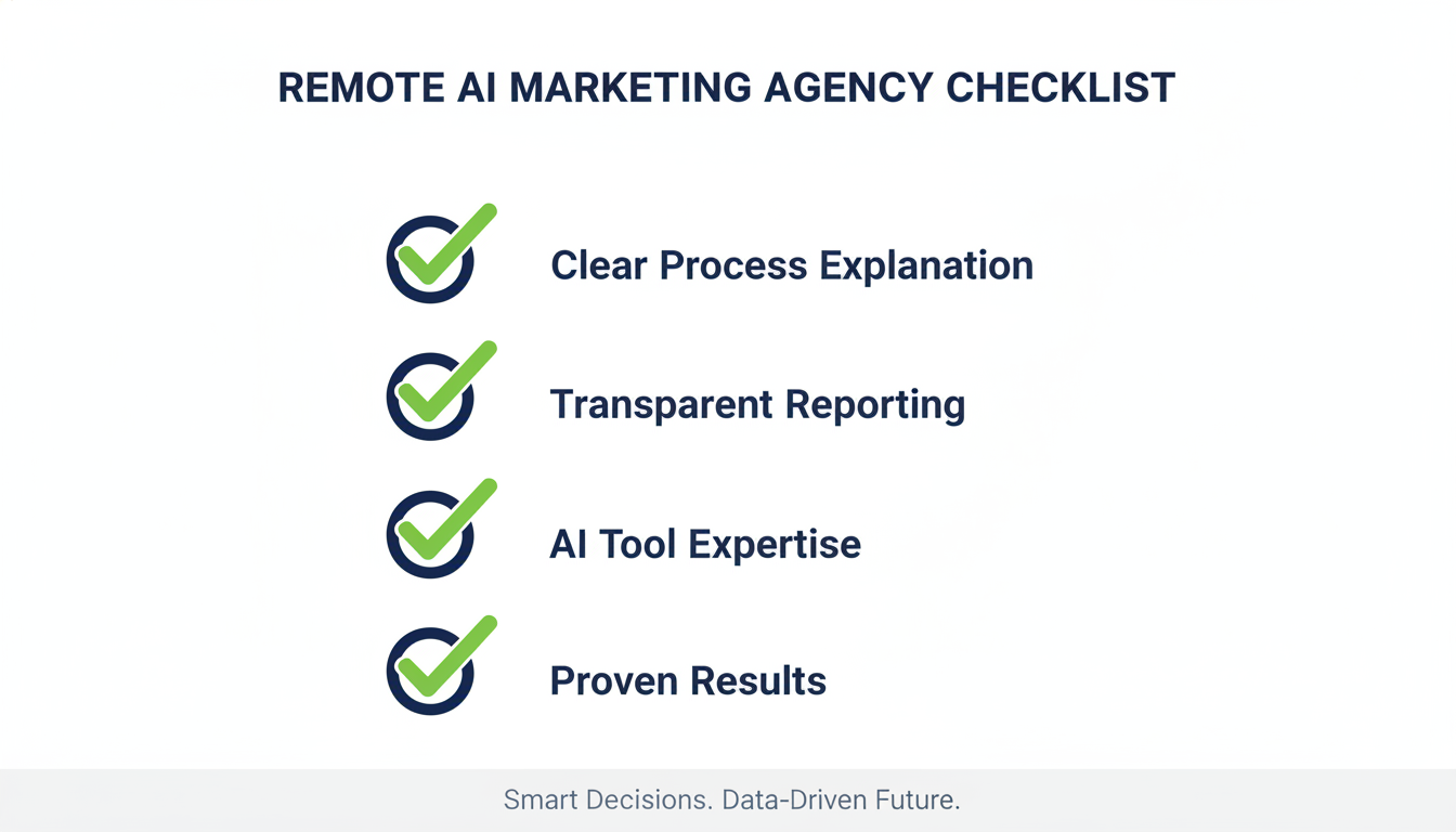 Remote AI agency evaluation checklist with transparency, process clarity, and results reporting criteria