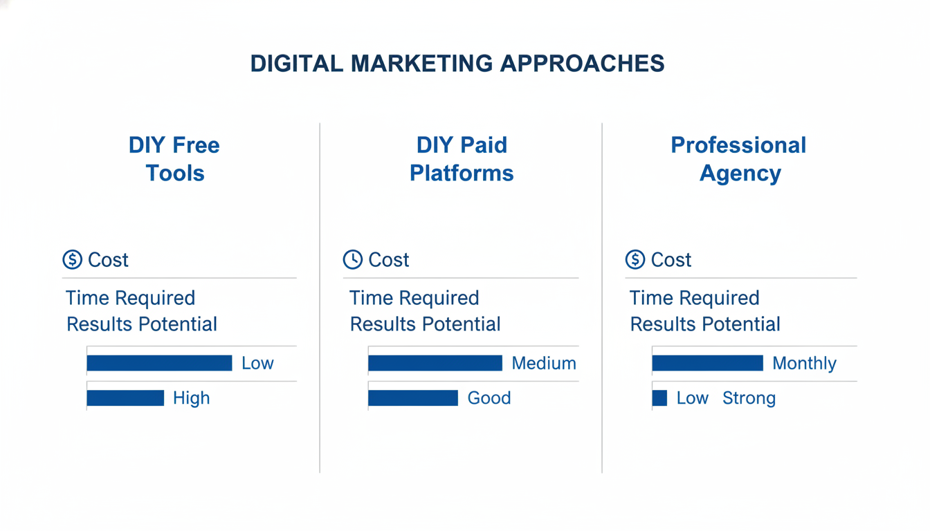 DIY vs professional agency comparison chart showing cost, time, and results potential for digital marketing