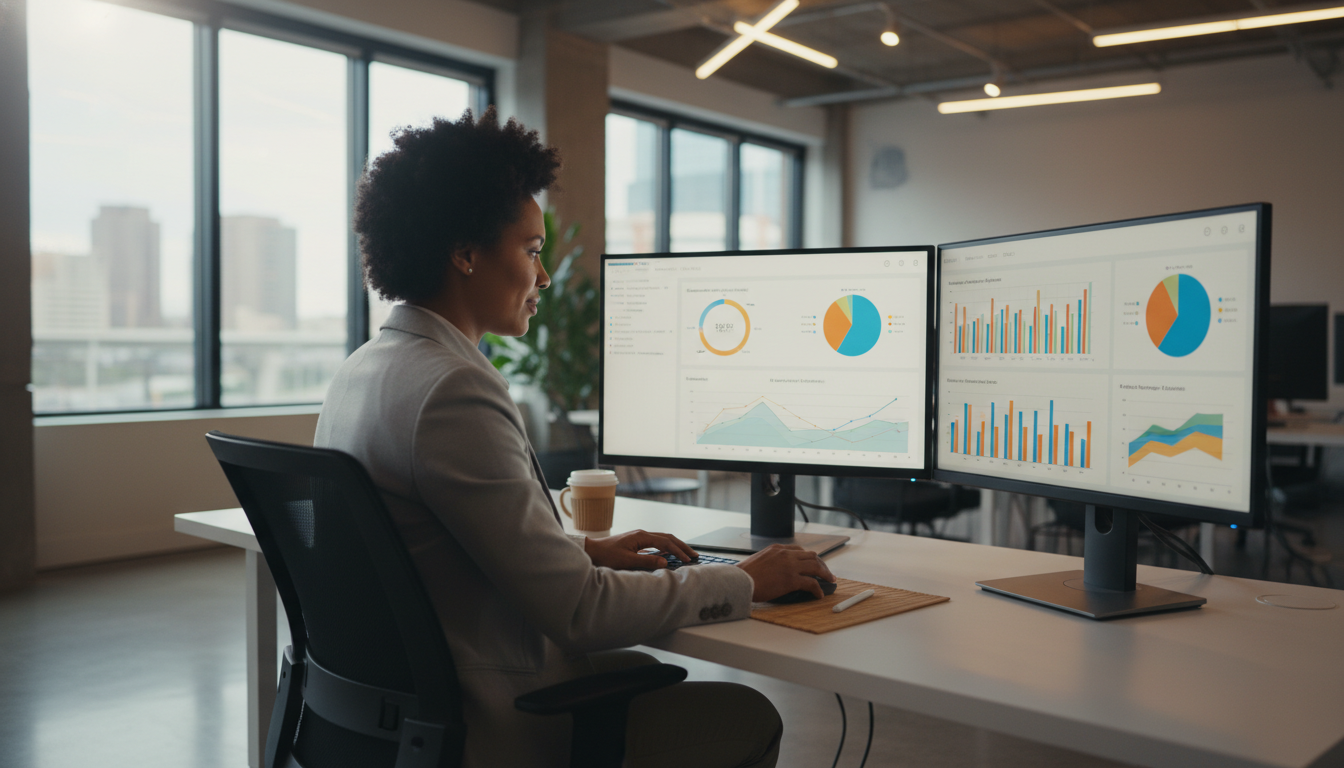 Digital marketing professional analyzing AI-driven campaign analytics on dual monitors in modern office, Ocala GA