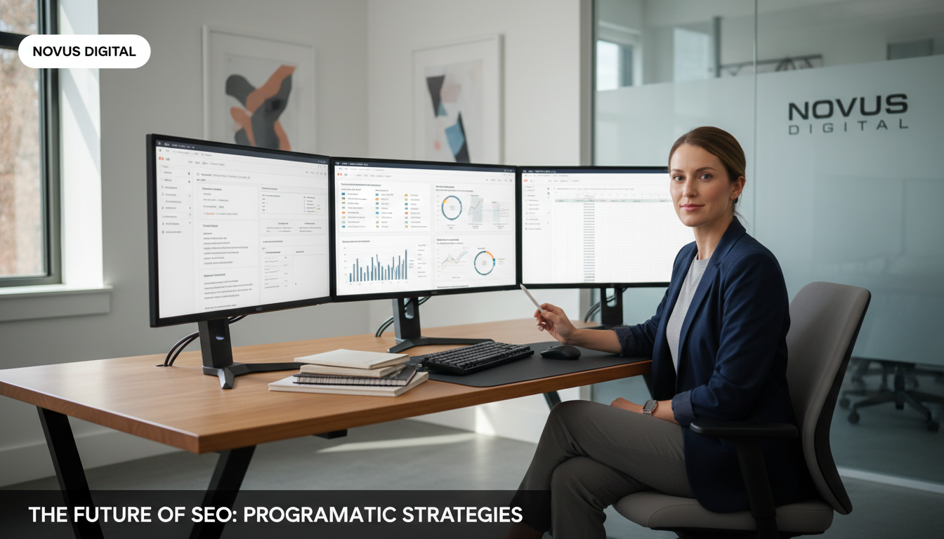 Digital strategist reviewing programmatic SEO analytics at modern office desk, Baton Rouge