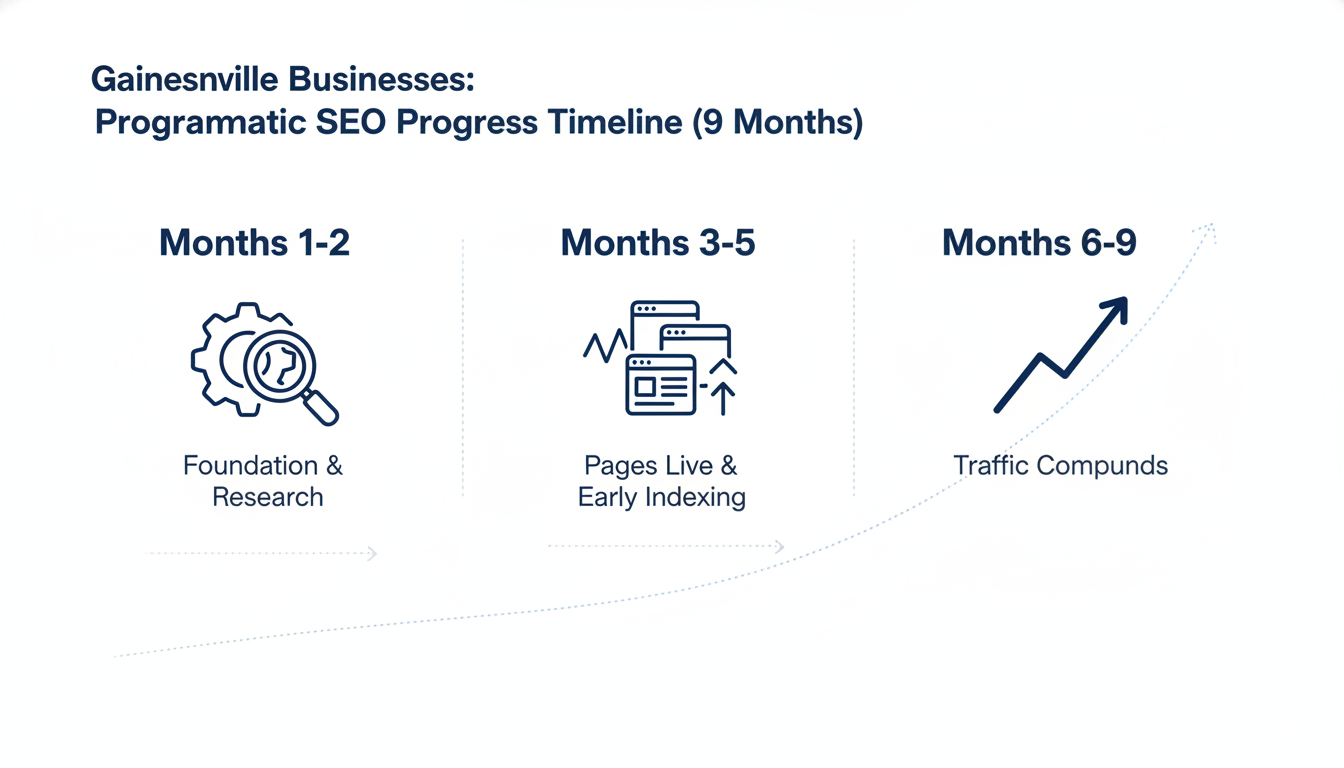 Nine-month programmatic SEO timeline showing foundation, launch, and growth phases