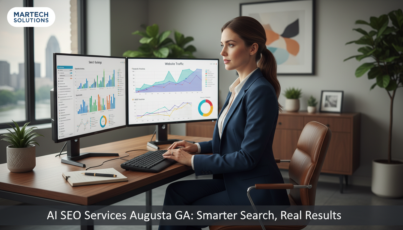 Female SEO specialist reviewing analytics on dual monitors in modern office, AI SEO Services, Augusta GA