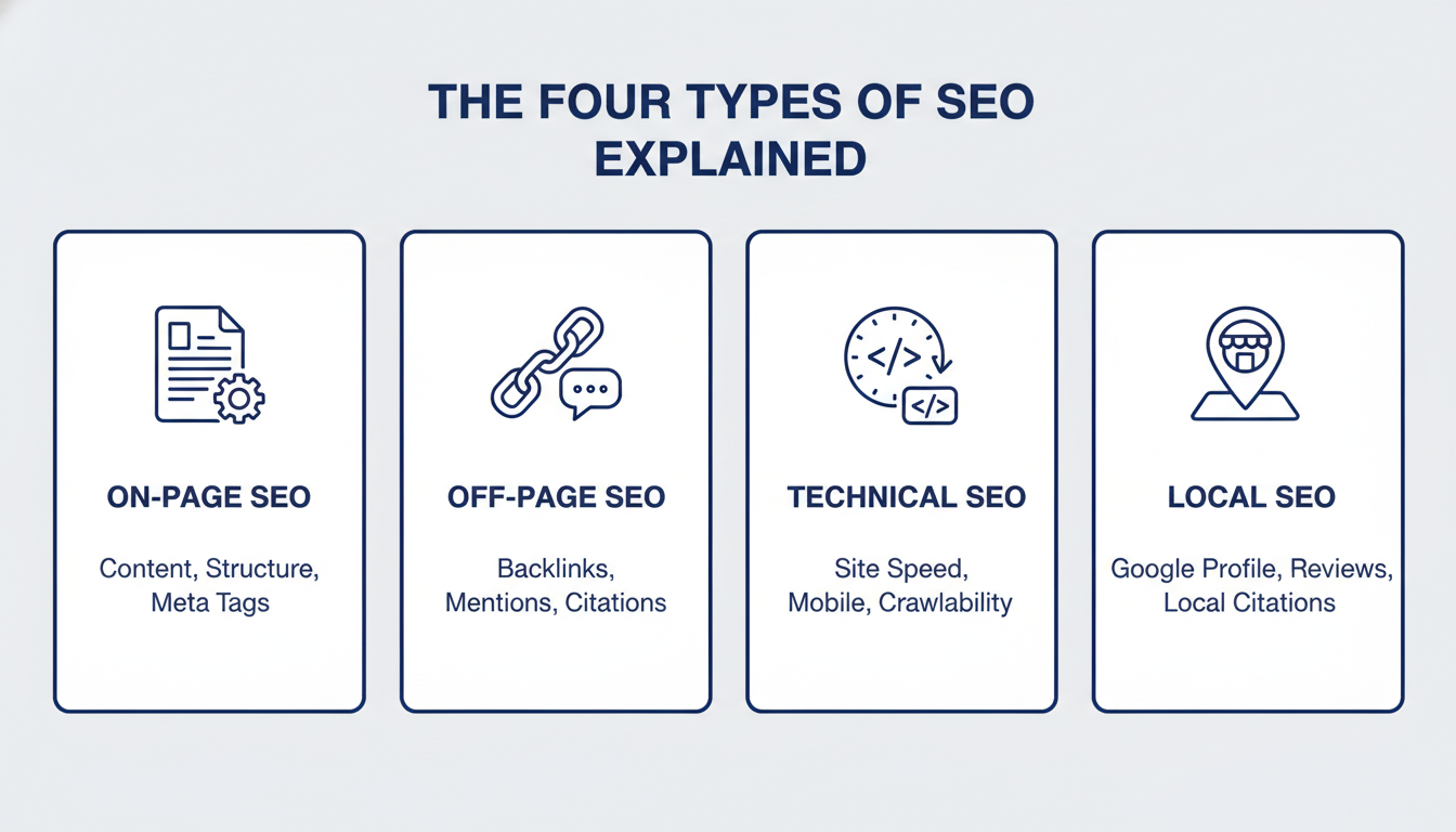 Four types of SEO explained: on-page, off-page, technical, and local SEO, Augusta GA