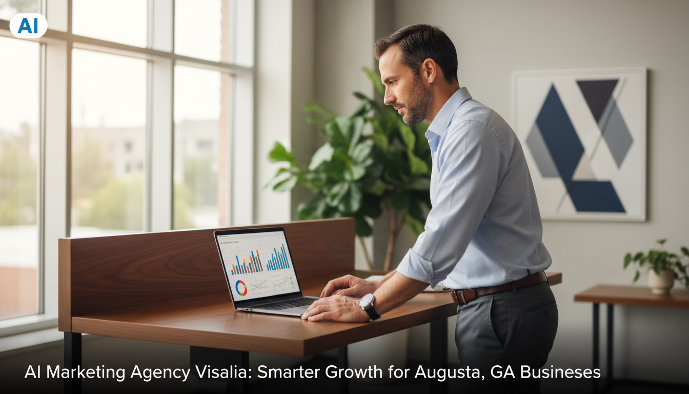 Marketing professional analyzing AI campaign data on laptop in modern office, Visalia GA