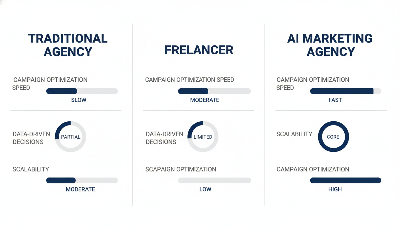 Agency comparison chart: traditional, freelancer vs AI marketing services features