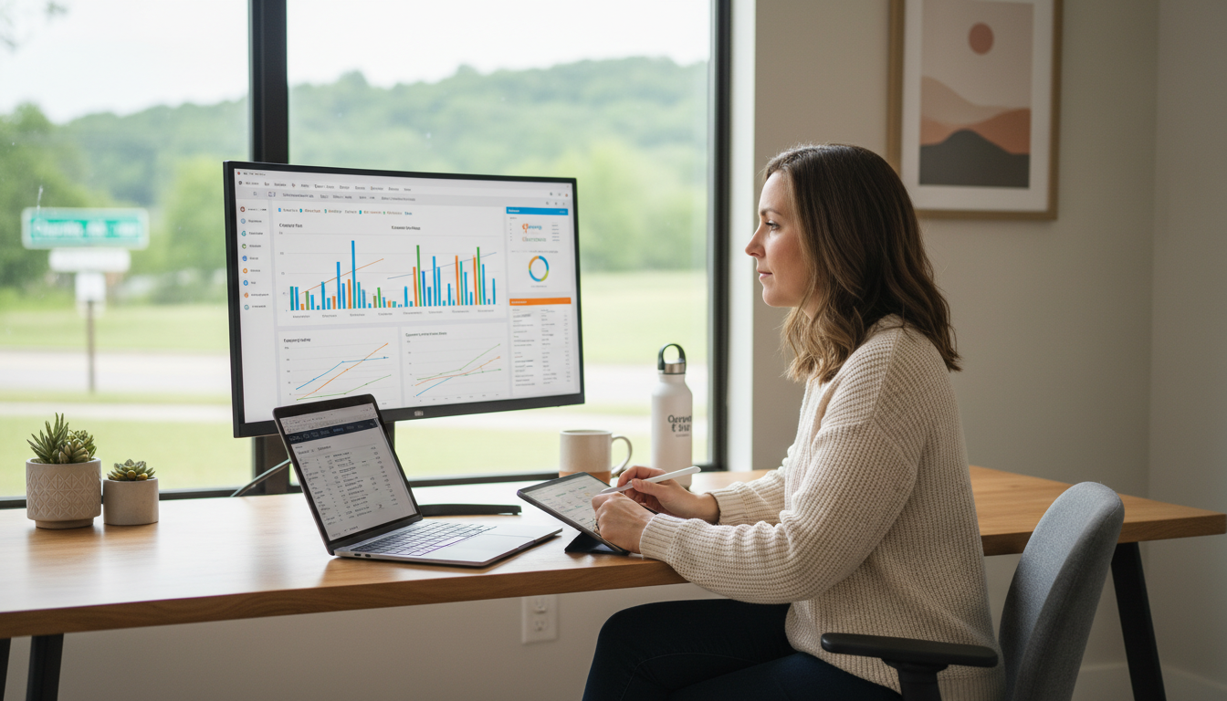 Professional marketer reviewing SEO analytics on computer in modern office: AI SEO Company Charlotte