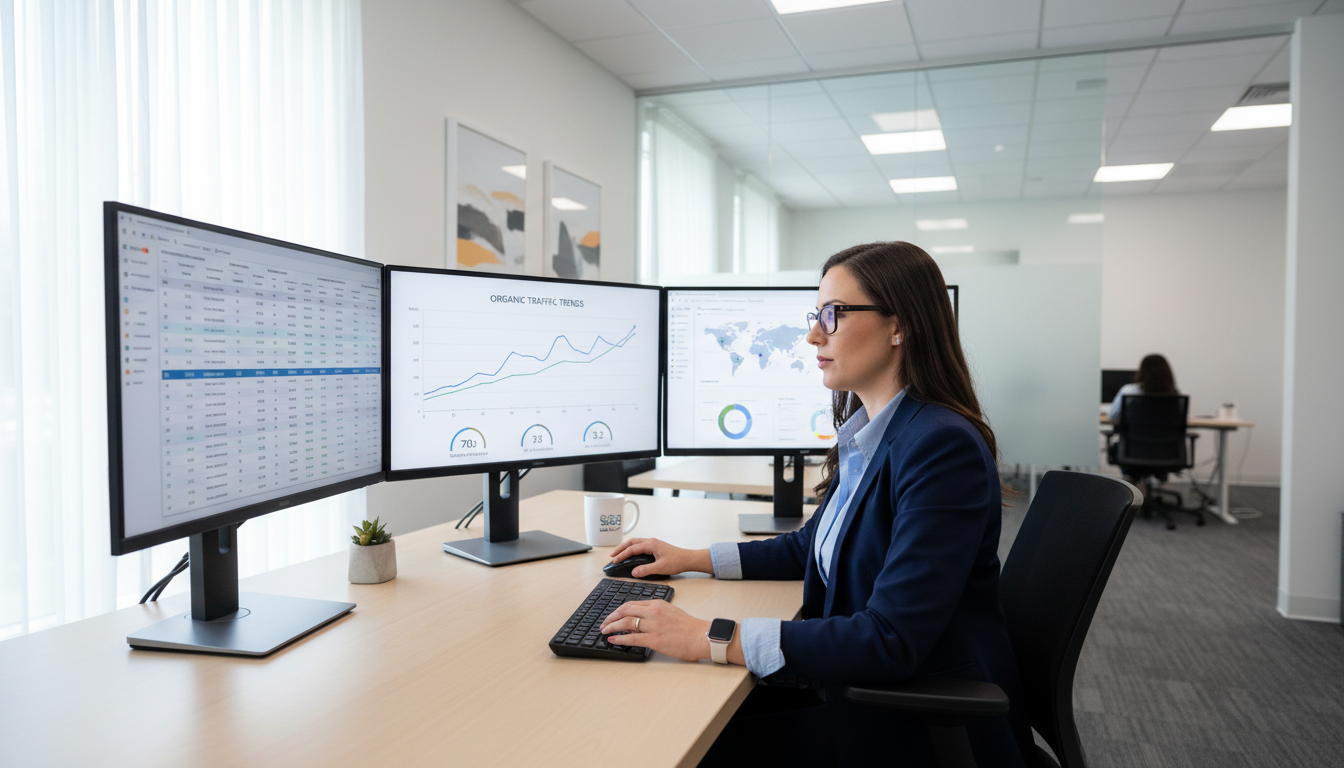 SEO strategist reviewing analytics dashboard with search metrics in professional office - Naples SEO