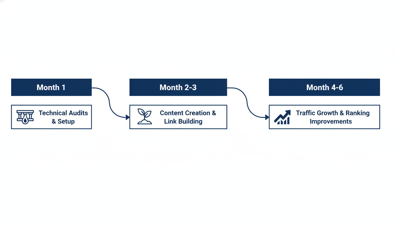 SEO timeline flowchart showing 6-month progression milestones - Gainesville optimization process