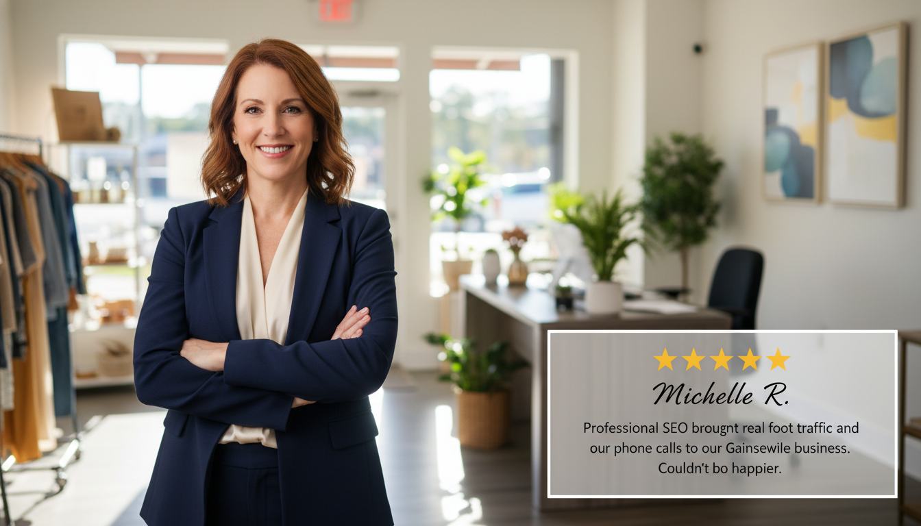 Business owner testimonial with 5-star rating praising SEO results - Gainesville FL client review