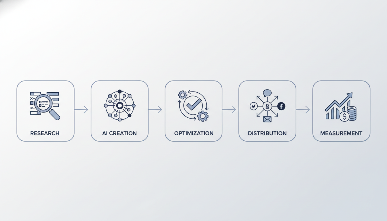 AI content marketing process flow: research, creation, optimization, distribution, and measurement stages