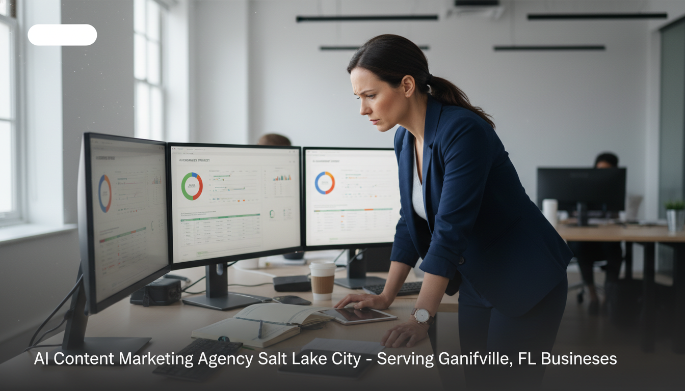 Content strategist reviewing AI marketing analytics in modern tech office environment for Gainesville businesses