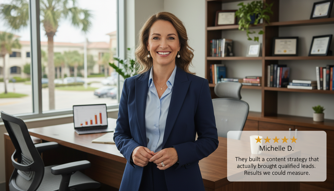Gainesville business owner Michelle D. with 5-star review praising content marketing results and qualified leads