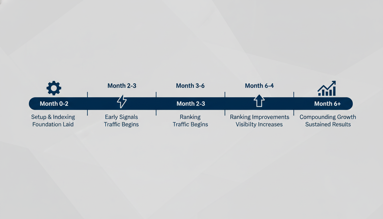 Timeline showing content marketing results progression from month zero through six-plus months
