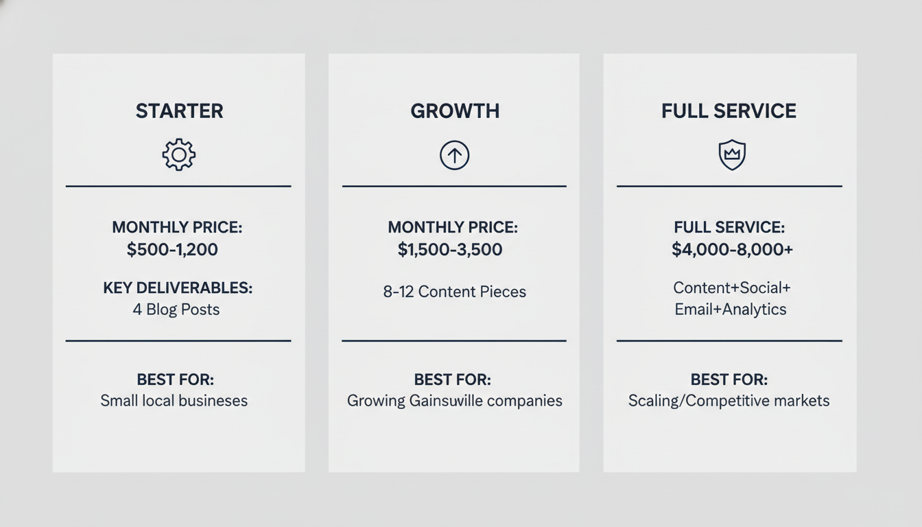 Service tier pricing comparison chart for content marketing packages in Gainesville, Florida